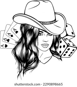 Young woman with a cowboy hat. Cowgirl Vintage engraved style hand drawn vector illustration isolated on white backgrounds. Stylized black and white monochrome graphic.