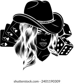 Young woman with a cowboy hat. Cowgirl Vintage engraved style hand drawn vector illustration. Stylized black and white monochrome graphic.