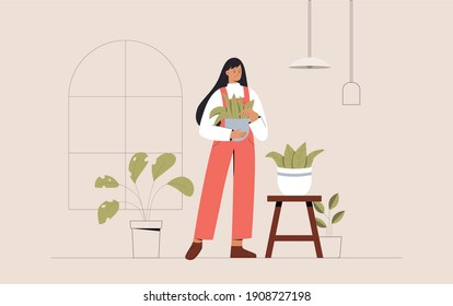 Young woman in cozy room holds pot with a plant in her hands. Concept of growing and caring house plants. Gardener takes care of the home garden. Vector illustration in a flat style.