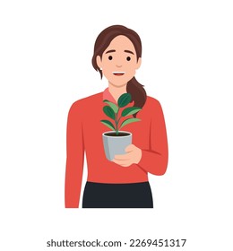 Young woman in cozy room holds pot with a plant in her hands. Concept of growing and caring house plants. Gardener takes care of the home garden. Flat vector illustration isolated on white background