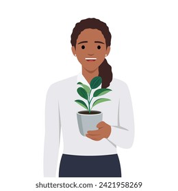 Young woman in cozy room holds pot with a plant in her hands. Concept of growing and caring house plants. Gardener takes care of the home garden. Flat vector illustration isolated on white background