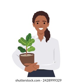 Young woman in cozy room holds pot with a plant in her hands. Concept of growing and caring house plants. Gardener takes care of the home garden. Flat vector illustration isolated on white background