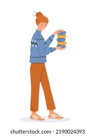 Young woman in cozy Scandinavian blue wool sweater holds multi-colored skeins of yarn in her hands. Crochet and knitting concept. Vector illustration in flat style on white isolated background.