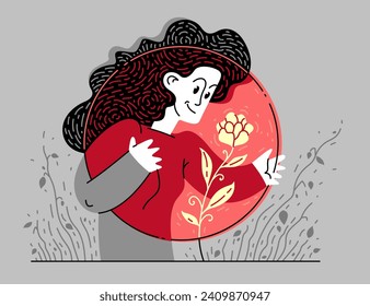 Young woman creates comfortable and good life space vector concept, vector illustration of a girl holding a round warm colored sphere, metaphor of a positive and generative person.