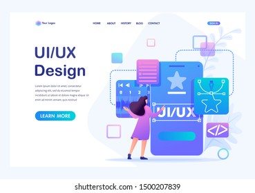 Young woman creates a custom design for a mobile application, Ui UX design. Flat 2D character. Landing page concepts and web design