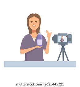 Young woman creating content for her vlog, showcasing a skincare item