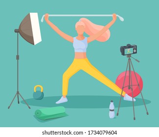 Young woman creating fitness video blog. Healthy lifestyle, sport, self care. Sports vlogger. Vector illustration. 