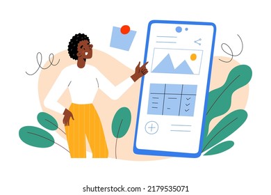 Young woman creating a note in note-taking application on her smartphone, typing text, adding pictures, data tables, marked checklist, app interface, cartoon scene, human illustration, isolated vector