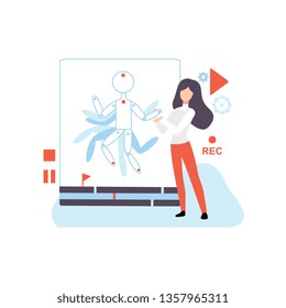 Young Woman Creating Responsive Web Application. Digital Content, Technology Process of Software Development. Social Media Marketing Vector Illustration.