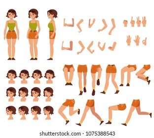 Young woman creation set - girl in t-shirt and shorts with sunglasses. Various body parts, face emotions, hand gestures kit of flat female cartoon character. Isolated Vector illustration.