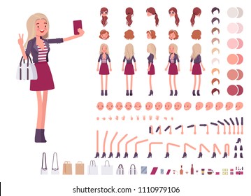 Young woman creation set. Millennial girl, nice blonde lady in jacket, youth fashion. Full length, different views, emotions, gestures. Build own design. Vector illustration