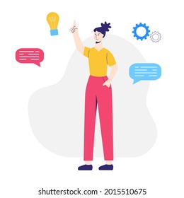 Young woman, creative thinking, generating ideas. Flat vector illustration.