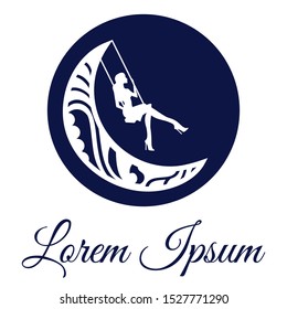 young woman and crescent moon swing, vector logo template