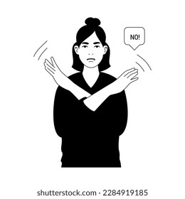 Young woman croosing hands in stop gesture. Vector cartoon illustration of human reaction isolated on white background. Serious female character.