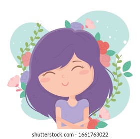 young woman with crossed arms flowers decoration cartoon vector illustration