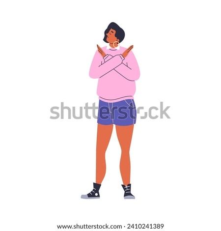 Young woman crossed arms, stop gesture or says no, disagreement and denial, vector illustration isolated on white background. Dissatisfied female character, girl show hands gesture. Flat cartoon style
