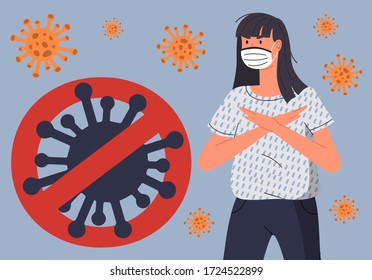Young woman with crossed hands at chest protesting against spreading flying virus. Huge crossed out sign with virus. Stop world epidemy concept. Cartoon character in flat style at blue background