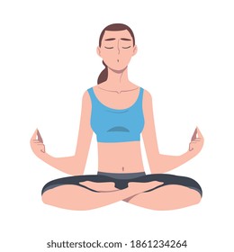 Young Woman Cross-legged Sitting in Padmasana or Lotus Position Vector Illustration