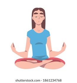 Young Woman Cross-legged Sitting in Padmasana or Lotus Position Vector Illustration