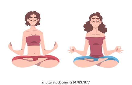 Young Woman Cross-legged Sitting in Padmasana or Lotus Position Practicing Mediation Vector Set