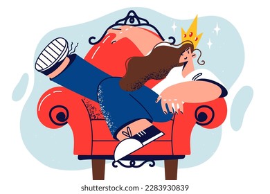 Young woman with crown on head sits in red chair with legs up and behaves selfishly because of bad upbringing. Girl in crown demonstrates leadership qualities and suffers from narcissism 