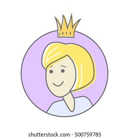 Young woman with crown on his head avatar icon. Young blonde woman. Queen icon. Social networks business private users avatar pictogram. Round line icon. Isolated illustration on white background.