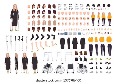 Young woman with crutches constructor or DIY kit. Female cartoon character with trauma or disability. Bundle of body parts, postures, gesture. Front, side, back views. Flat vector illustration.