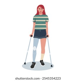 Young woman with crutches and prosthetic leg standing confidently. Vector illustration