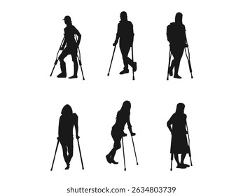 young woman with crutches silhouette vector. silhouette of a woman walking with crutches. Vector drawing the silhouette of a young woman on crutches. black silhouette is isolated on a white background
