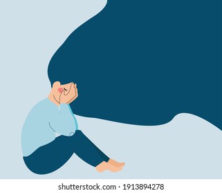 A young woman crying and covering her face. unhappy girl with flying hair needs support and care because of depression. Depressed teenager and Mental health concept. Flat vector illustration.