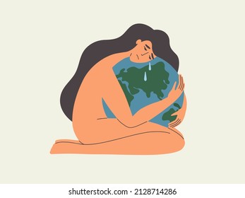 Young woman crying embracing planet Earth. Girl sitting hugging globe by hands. Female protects world. Love and peace concept. Ecology social issue, saving world. Vector illustration