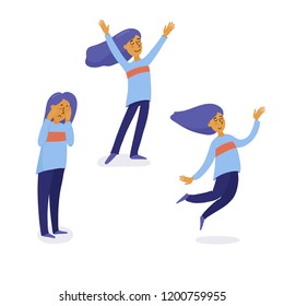 Young woman crying head in hands, then feeling better and finally happy, excited, flat vector illustration isolated on white background. Girl, woman upset and crying, in good mood and jumping happily