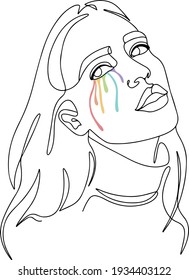 Young woman crying. Rainbow tears on girl face. LGBT concept. Lesbian. Equality and rights for all.  Girls love girls. Print for t-shirt. 