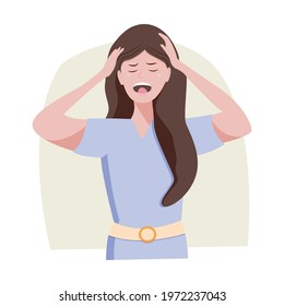 Young woman crying and screaming clutching her head. Mental health and emotional state concept. Vector cartoon illustration