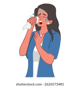 Young woman crying and using a tissue to wipe her tears, vector illustration.