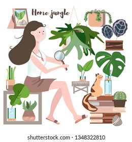 Young woman cultivating home plants
Urban jungle, trendy illustration with home decor, plants, girl planter, cacti, tropical leaves, house flowers. Young woman take care of plants