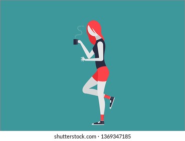 young woman with a cup of coffee standing and doing something
