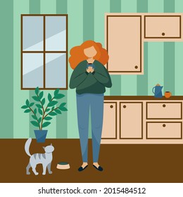 Young woman with cup of coffee stay on kitchen near cat. Routine feed pet and morning coffee concept. Flat vector cartoon illustration