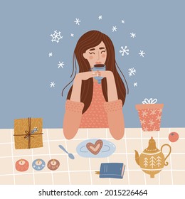 A young woman with a cup in her hands, drinking coffee while sitting at the table at cozy home. Cute girl warms up after a walk. Vector flat illustration