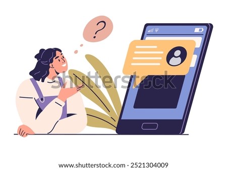 A young woman with a curious expression looks puzzled while interacting with a large smartphone displaying a messaging app. Leaf designs add an aesthetic touch. Ideal for communication technology