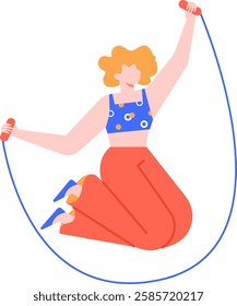 Young woman with curly blonde hair, wearing a blue top and red trousers, is jumping rope, showcasing a healthy and active lifestyle with a simple, colorful illustration