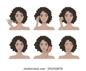 Young Woman with curly hair Makes Up With Various Actions Set. Steps. Cosmetic. Beauty, Makeup. Healthy. Vector illustration in cartoon style