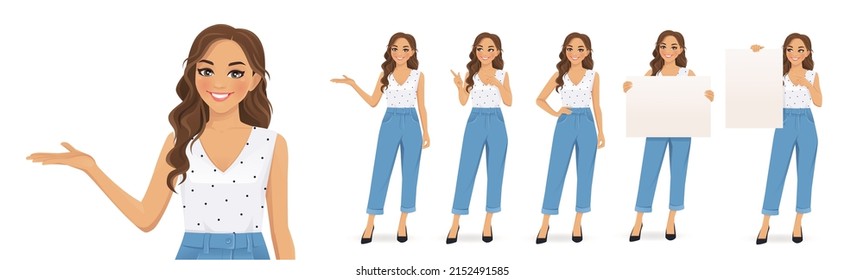 Young woman with curly hairstyle and casual style clothes in different poses set. Various gestures - pointing, showing, standing, holding empty blank board isolated vector ilustration