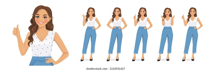 Young woman with curly hairstyle and casual style clothes in different poses set. Various gestures - surprised, pointing, standing, showing thumb up and ok sign isolated vector ilustration