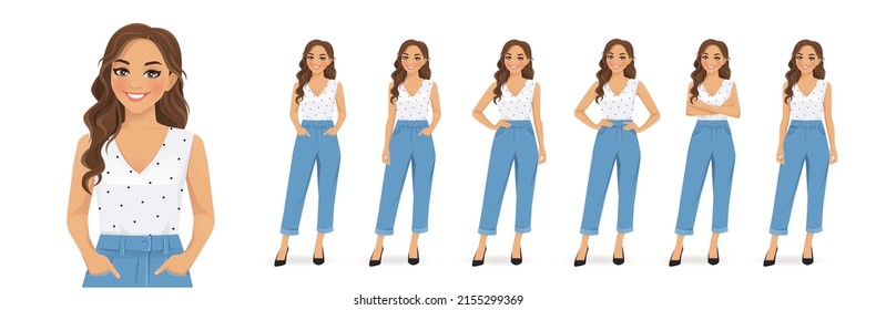 Young Woman With Curly Hairstyle And Casual Style Clothes Standing In Different Poses. Isolated Vector Ilustration Set.