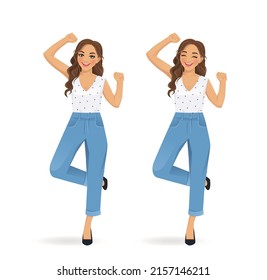 Young woman with curly hairstyle in casual style clothes dancing and jumping isolated vector illustration.