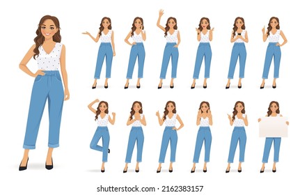 Young woman with curly hairstyle in casual style clothes set different gestures isolated vector illustration