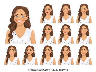 Young woman with curly hairstyle different facial expressions set isolated vector illustration