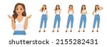 Young woman with curly hairstyle showing negative emotions with different gestures set. Thumb down, sad, angry, upset, refused isolated vector ilustration.
