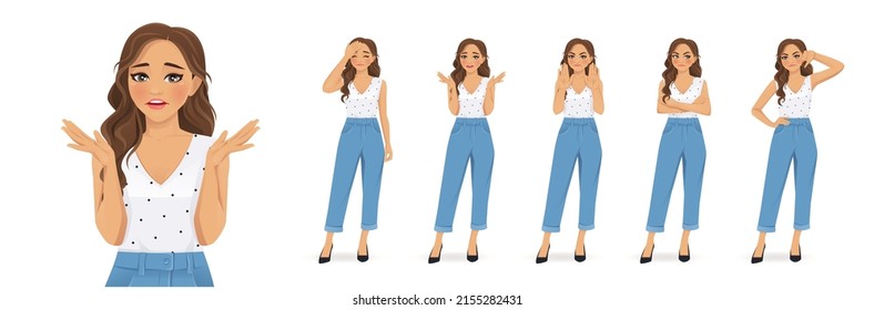 Young woman with curly hairstyle showing negative emotions with different gestures set. Thumb down, sad, angry, upset, refused isolated vector ilustration.